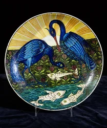 Ladegerät mit zwei Reihern, die Fische am Flussufer fangen, gemalt von Charles Passenger